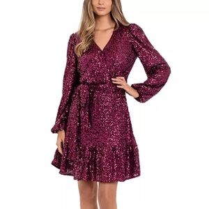 Betsy & Adam Sequins Long Sleeve Belted Mini Dress Sangria Red 10